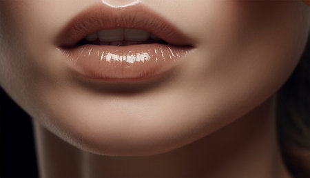 beautiful lips of a young woman. selection of color and tone of lipstick to the face to the skin of the face .Generative AIの素材