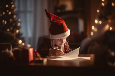a child boy write a letter to Santa Claus ordering gifts for Christmas. the concept of Christmas, celebration and happy childhood. Generative AIの素材