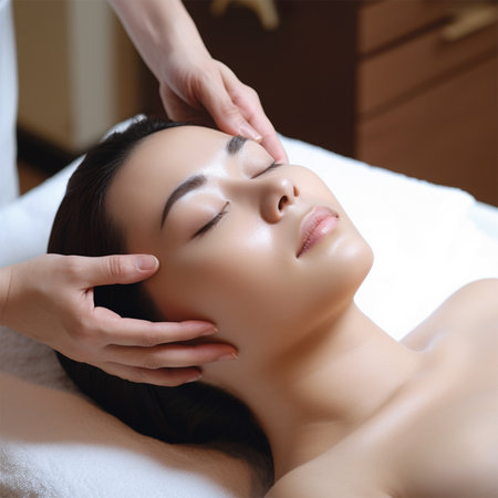Hands of cosmetologist making manual relaxing rejuvenating facial massage for young woman in beauty salon. Rejuvenating facial massage in cosmetology. Generative AIの素材
