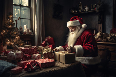 Santa Claus is packing Christmas presents at the table. New Year and Christmas concept. Generative AIの素材