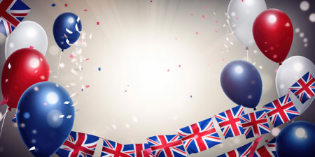 background with the image of balloons with a painted Union Jack flag of England. festive background postcard. Generative AIの素材