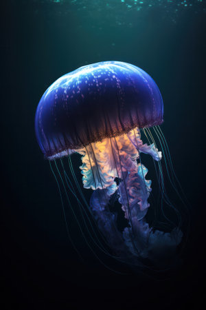 Glowing jellyfish swim deep in the blue sea. Jellyfish neon jellyfish fantasy on black background. Generative AIの素材