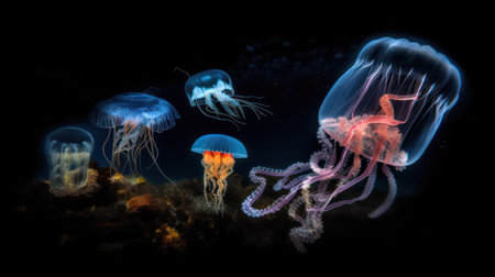 Glowing jellyfish swim deep in the blue sea. Jellyfish neon jellyfish fantasy on black background. Generative AIの素材