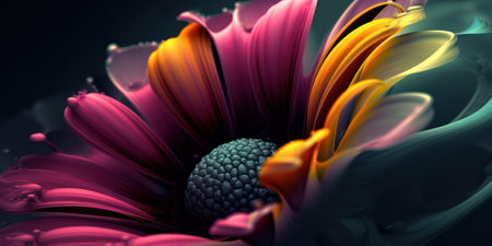 A beautiful drawn bright color flower coming out of the dark.flower on a dark background. Design for walls, photo wallpapers, wallpapers, photo wallpapers, postcards, postcards. Generative AIの素材