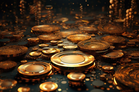 gold coins on a black background with copy space, glare and bokeh. Generative AIの素材