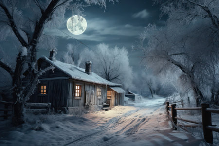 landscape with snow house in the village. Fabulous night view with full moon. Winter wonderland with footprints in the snow. Generative AIの素材