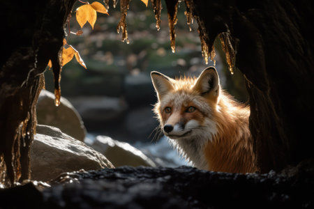 fox in the forest peeks into the forest cave.Neural network AI generated.の素材