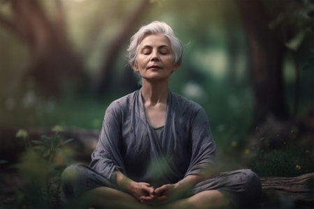gray-haired woman meditating in the park in the shade of the foliage of trees .grandparents parents day. health and family concept. Generative AIの素材
