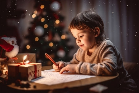 a child boy write a letter to Santa Claus ordering gifts for Christmas. the concept of Christmas, celebration and happy childhood. Generative AIの素材