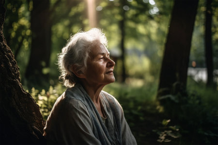gray-haired woman meditating in the park in the shade of the foliage of trees .grandparents parents day. health and family concept. Generative AIの素材