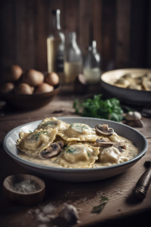 Ravioli with cream mushroom sauce and basil on big white plate. rustic style.Generative AIの素材