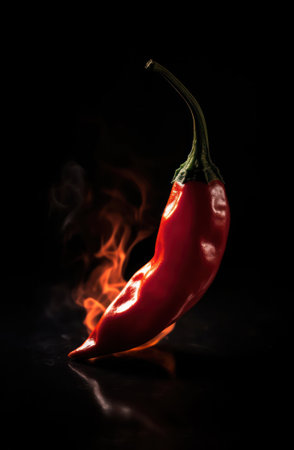Red hot chili pepper on black background with flame. Neural network AI generatedの素材