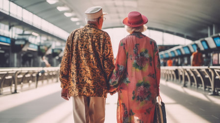 rear view of an elderly gray-haired couple, a man and a woman, walking at the train station or airport. family travel concept. day of parents, grandparents. Generative AIの素材