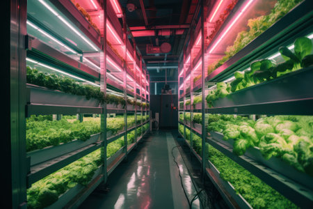 Vertical farming is sustainable agriculture for the food of the future. Greens and vegetables grown on a vertical farm.. generative AIの素材