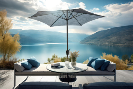 table under a parasol from the sun on the pool terrace on a sunny day. Generative AIの素材