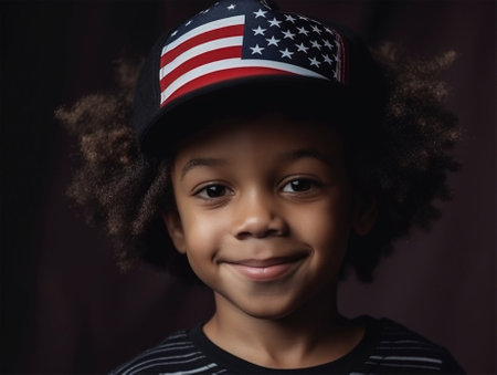 portrait of a happy boy in a hat in the colors of the american flag. american flag day .independence day.Generative AIの素材
