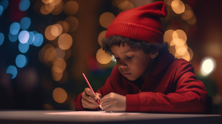 a child boy write a letter to Santa Claus ordering gifts for Christmas. the concept of Christmas, celebration and happy childhood. Generative AIの素材