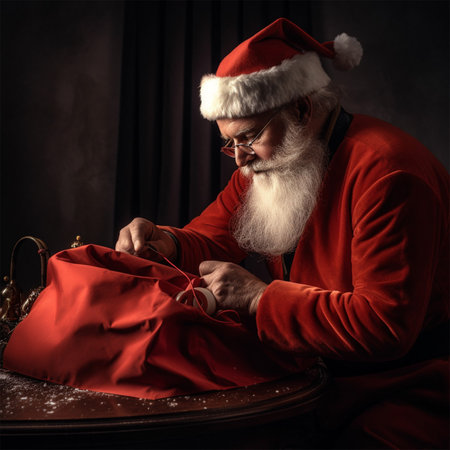 Santa Claus is sewing a bag for Christmas gifts while sitting at the table. New Year and Christmas concept. Generative AIの素材