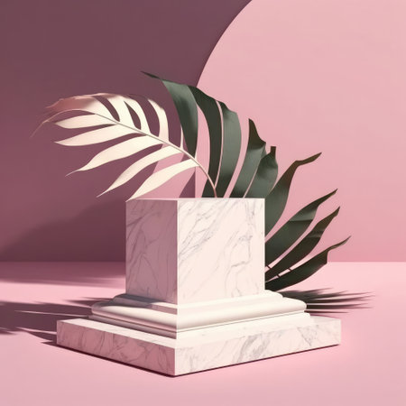 Cosmetic bottle marble podium and green leaves on pink background.small cosmetic background for product presentation.Generative AIの素材