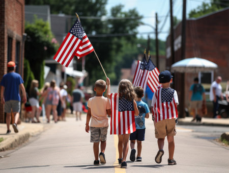 back view.little children walk along the street with national flags on a holiday .Independence Day Or American flag day. Generative AIの素材