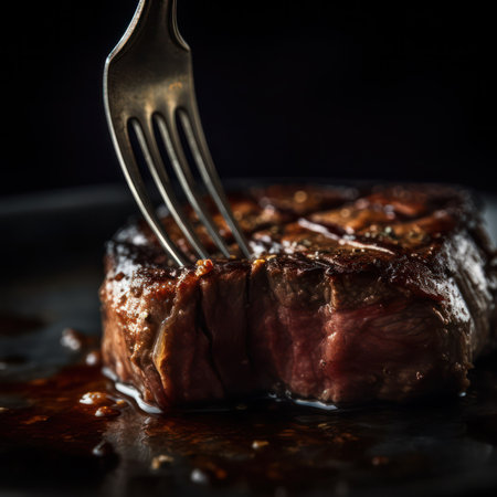 medium-rare beef steak close-up on a black plate on a wooden table. Generative AIの素材