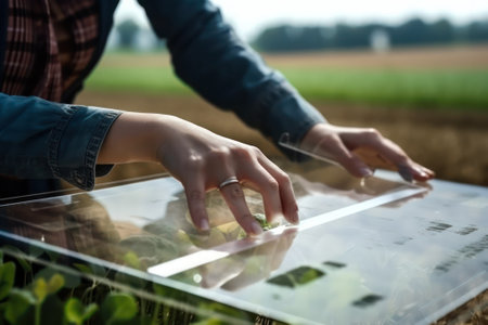 technology at the service of the farmer. Futuristic transparent tablet for agro-industry. Generative AIの素材