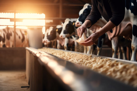 concept of agriculture, farming and animal husbandry. a herd of cows using hay in barns on a dairy farm. Generative AIの素材