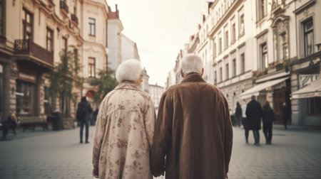 rear view of an elderly gray-haired couple, a man and a woman, walking around the city. health and family concept.parents and grandparents day. Generative AIの素材