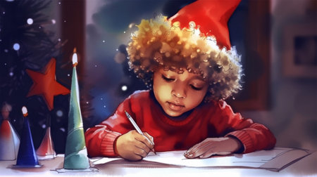 a child boy write a letter to Santa Claus ordering gifts for Christmas. the concept of Christmas, celebration and happy childhood. Generative AIの素材
