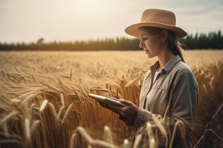 A woman farmer examines the field of cereals and sends data to the cloud from the tablet. Smart farming and digital agriculture.Generative AIの素材