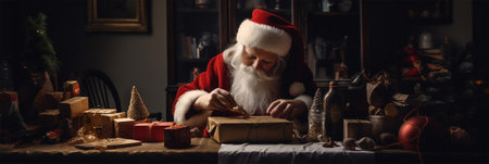 Santa Claus is packing Christmas presents at the table. New Year and Christmas concept. Generative AIの素材