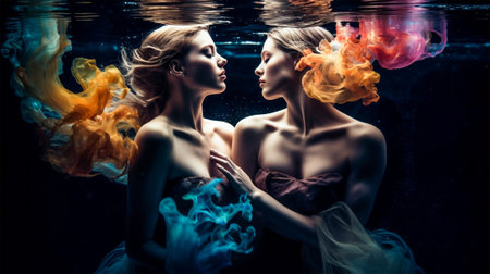 Gentle touches of two young women underwater in bright transparent dresses. Generative AIの素材