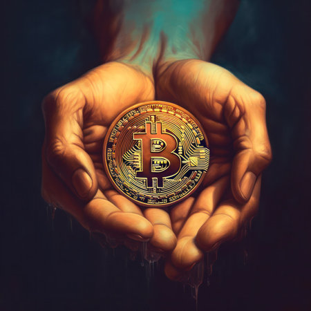 bitcoins in human palms virtual currency cryptocurrency. Generative AIの素材