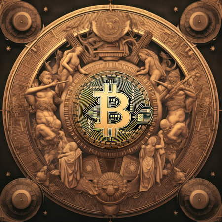 a large image of bitcoin as a symbol of hoarding, worship and financial growth. Generative AIの素材