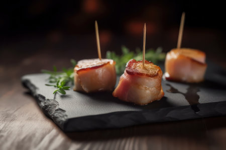 grilled sea scallops on skewers served on a plate on a dark plate with sauce on a dark background. generative AIの素材