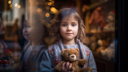 a little girl with a bear in her hands in warm clothes stands in front of a shop window with toys. festive illumination. Generative AIの素材