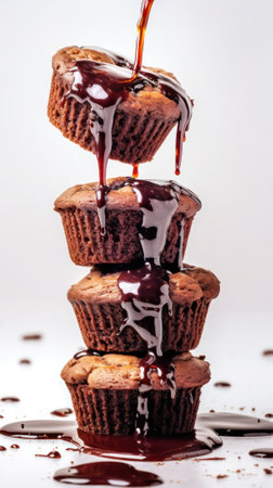 Sweet chocolate icing pouring over delicious naked cupcakes served on top of each other on a white background. Generative AIの素材