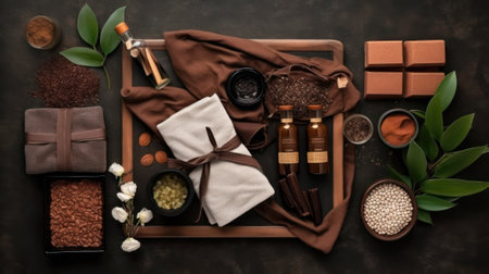 natural cosmetic. Spa skin care ingredients for chocolate wraps. Cocoa powder, chocolate, milk, cinnamon, clean towels and burning candles close-up on a dark background. Generative AIの素材