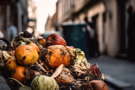 fruit and vegetable peelings and garbage are lying in the city on the street. the concept of environmental protection, cleanliness and ecology. Generative AIの素材