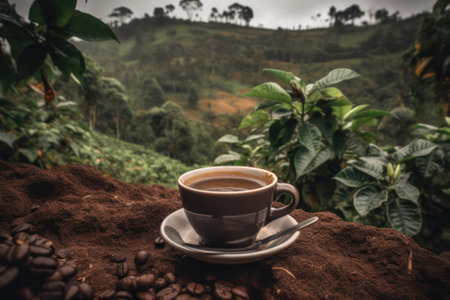 a cup of freshly brewed coffee against the backdrop of a forest mountain landscape. Generative AIの素材