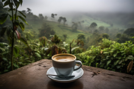 a cup of freshly brewed coffee against the backdrop of a forest mountain landscape. Generative AIの素材
