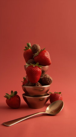 a slide of strawberries poured with hot chocolate on a coloured background. world chocolate day.Generative AIの素材