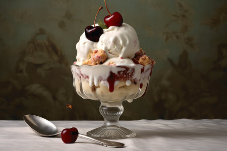 A cup of vanilla ice cream with cherry strawberries and waffles with a shiny metal spoon and copy space on a dark background. Generative AIの素材