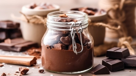 handmade chocolate cream paste in a glass jar on the table. world chocolate day.Generative AIの素材