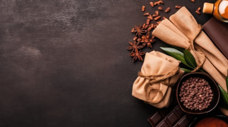 natural cosmetic. Spa skin care ingredients for chocolate wraps. Cocoa powder, chocolate, milk, cinnamon, clean and towels close-up on a dark background. Generative AIの素材