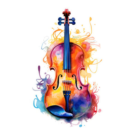 Abstract musical design with violin and colorful splashes, notes and waves on a white background. Colorful violin. watercolor style.Generative AIの素材