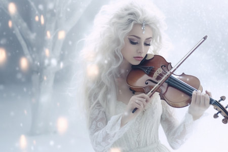 abstract white background with the image of a young woman enjoying playing the violin .the magic of music. Generative AIの素材