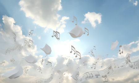 abstract background depicting musical signs and symbols against a bright sunny sky with clouds.musical fantasy. Generative AIの素材
