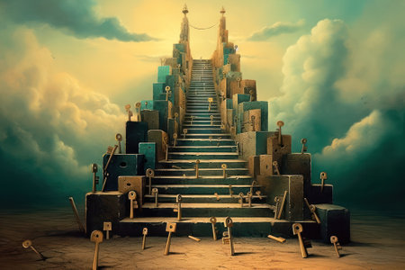 abstract background with an image of an old staircase going into the sky or a parallel world and mysterious vintage keys hovering in the air.mysteries and riddles. Generative AIの素材
