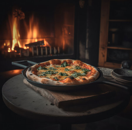 cooked italian pizza with cheese on the background of an open fire. Generative AIの素材